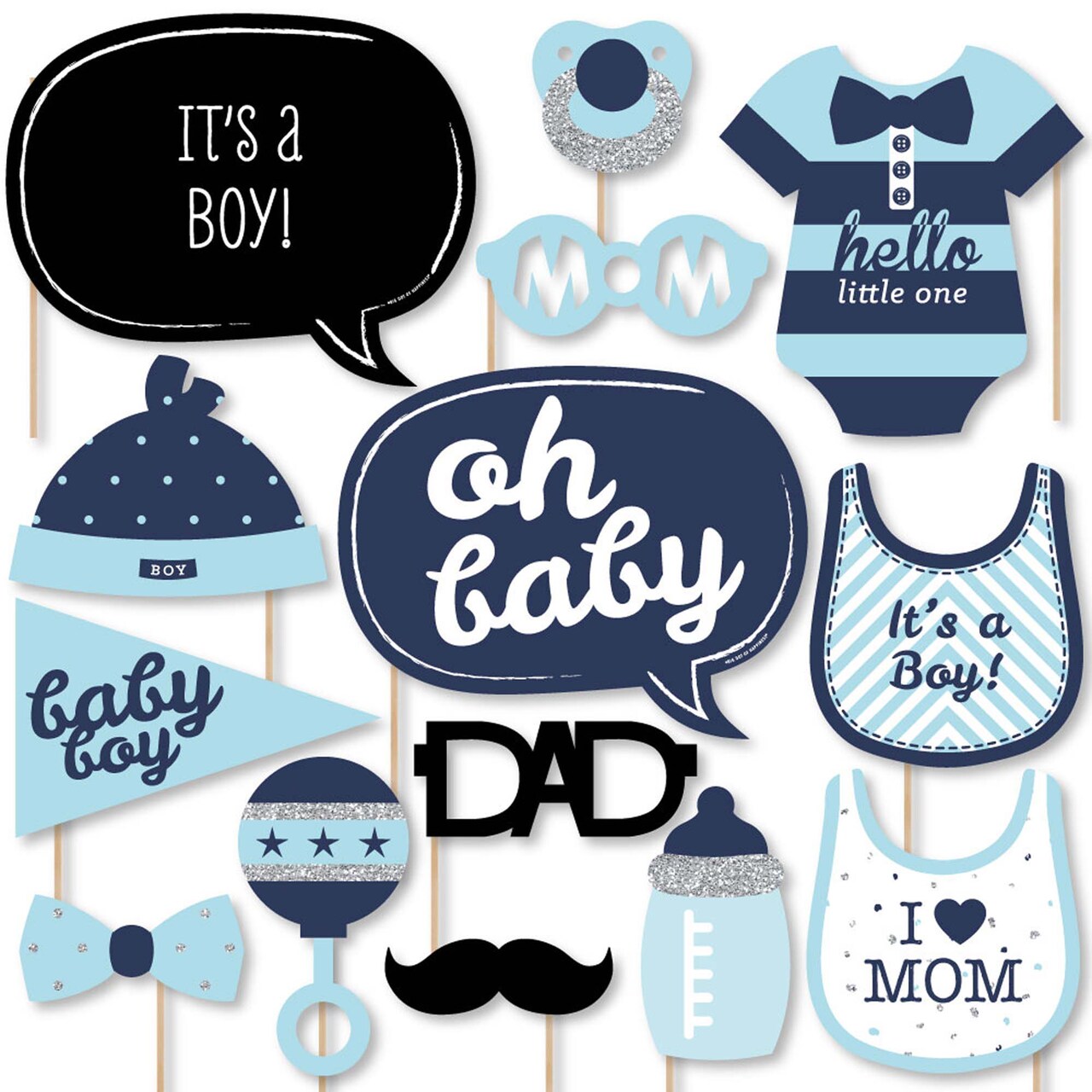 Big Dot of Happiness Hello Little One - Blue and Silver - Boy Baby Shower Photo Booth Props Kit - 20 Count